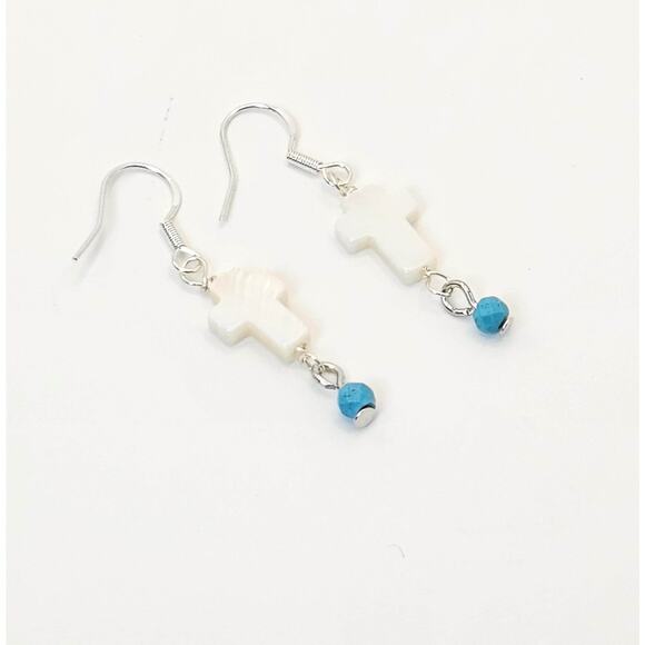 Mother of Pearl Shell Cross Earrings Turquoise Sterling Silver Dangle Drop New - Picture 4 of 6